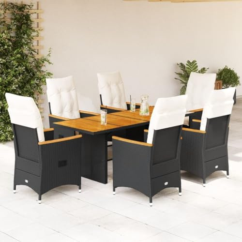 Frdhee Balkonmöbel Sitzgarnitur Sitzgruppe Balkonmöbelset,7 TLG. Garten Essgruppe mit Kissen Schwarz Poly Rattan,Für Garten,Balkon,Terasse,Kann Schnell Montiert Werden