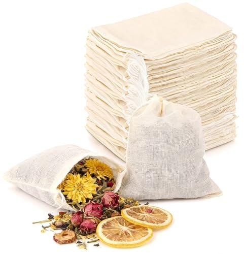 30 Pezzi 6 x 8 cm Filtro te Infusione - Filtro per Tisane con Cordoncino - Sacchetti di Stoffa - Sacchetti di Rete Riutilizzabili per Gioielli, Regali, tè Alla Frutta, Caffè, Spezie