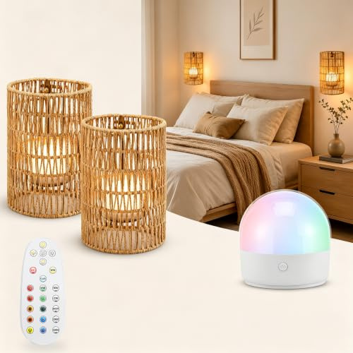 2 Stück Boho Rattan Wandlampe Innen Akku,wandleuchte innen Stromanschluss,RGB Dimmbare Wandleuchten mit Fernbedienung, 3Zeitplanungsmodi, Boho Rattan Nachttischlampe für Schlafzimmer Wohnzimmer Flur