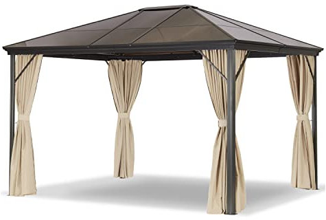 LECO Profi-Pavillon – Stabiler 3 x 3,65 m Gartenpavillon mit wasserdichtem Hardtop-Dach (Polycarbonat-Doppelstegplatten) und verschließbaren Seitenteilen - Natur