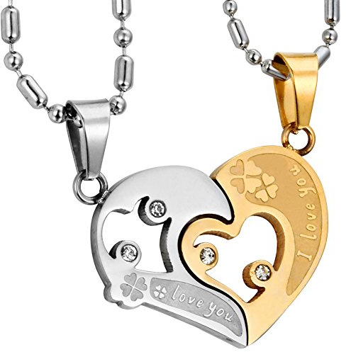 JewelryWe Schmuck 2PCS Paare Halskette Partnerketten Freundschaftsketten Partneranhänger Edelstahl I Love You Herz Puzzle Anhänger Kette mit kostenlos Gravur