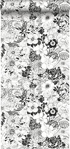 papier peint fleurs noir et blanc 53 cm x 10.05 m - ESTAhome