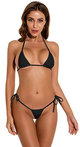 Oneheekini Bikini 2 pièces avec Micro Soutien-Gorge à Dos Nu Sexy et String, Charmant, pour Femmes, Noir, Taille Unique