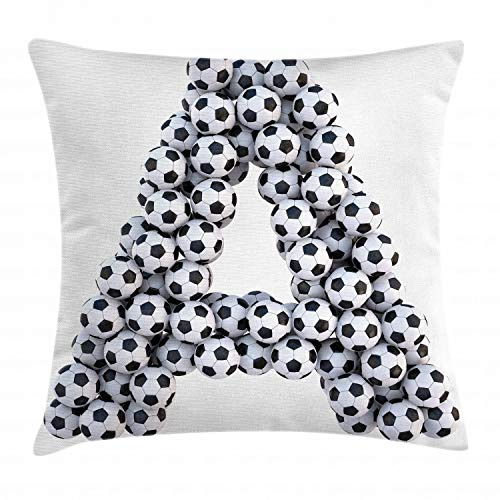 ABAKUHAUS Carta a Funda para Almohadón, Los balones de fútbol de Capital, Decorativo, Estampado en Ambos Lados, 45 x 45 cm, Blanco Y Negro