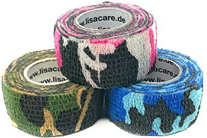 LisaCare Camo-Mix - benda elastica sportiva/benda di fissaggio - benda autoadesiva/benda elastica - set di 3 con 2,5 cm di larghezza x 4,5 m di lunghezza