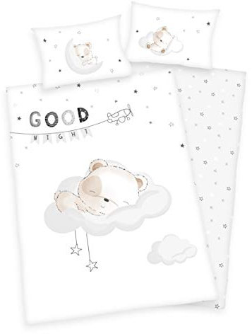 Arle-Living Juego de ropa de cama de franela para bebé, 3 piezas, diseño reversible de oso dormido, 100 x 135 cm + 40 x 60 cm + 1 sábana bajera de 70 x 140 cm (franela)