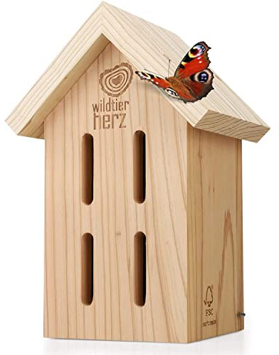 wildtier herz I Schmetterlingshaus - unbehandelt & robust, Insektenhotel Schmetterling aus wetterfestem Massiv-Holz – Schmetterlinge züchten für den Garten