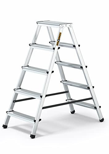 Drabest Scala a 5 Gradini in Alluminio Bifacciale per Uso Domestico - Portata 125kg - Scala a Pioli con Piattaforma da Lavoro - Scala Multiuso - Scala a 5 Gradini - 46x109x16cm