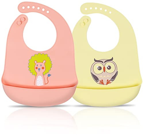 ABirdon 2 Pcs Babero Silicona Bebé, Impermeable Fácil de Limpiar Lavable 6 Tamaños Ajustables Baberos de Alimentación Suave con Recolector Alimentos para Bebé Niño o Niña