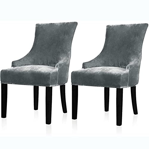 XGANGM Stretch Stuhlhussen mit Armlehnen 2/4/6er Set Samt Stuhlbezug Mit Lehne Sessel Schonbezug Hussen Stuhlabdeckung Stuhlbezüge für Kiche Esszimmer Hochzeit Party,Dark Grey,2PCS