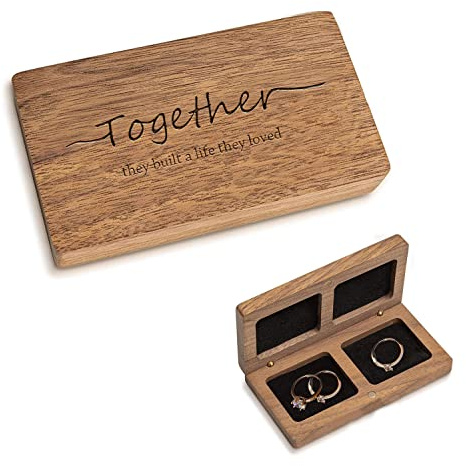 Booinxaa Wood Double Ring Box for Wedding Ceremony - Engraved Wooden Ring Holder for 2 Rings Engagement Proposal Wedding Ceremony Ring Bearer Box