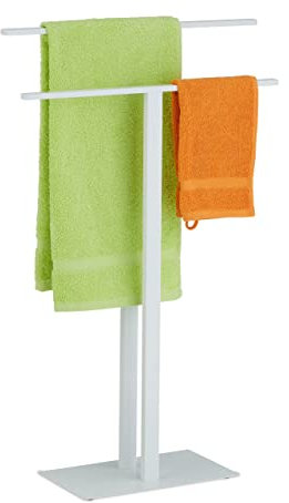 Relaxdays Handtuchständer, 2-armig, Metall, HxBxT: 82 x 50 x 19 cm, Herrendiener T-Design, Doppelhandtuchhalter, weiß