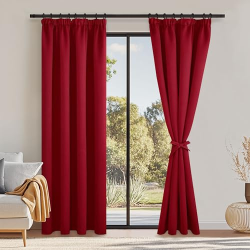DWCN Rot Vorhang Blickdicht Verdunkelungsgardinen mit Kräuselband Schlaf | 2er Set H183 x B167 cm Vorhänge Wohnzimmer Vorhang-Krawatten Wärmeisolierende Lichtundurchlässig Thermovorhang Kälteschutz