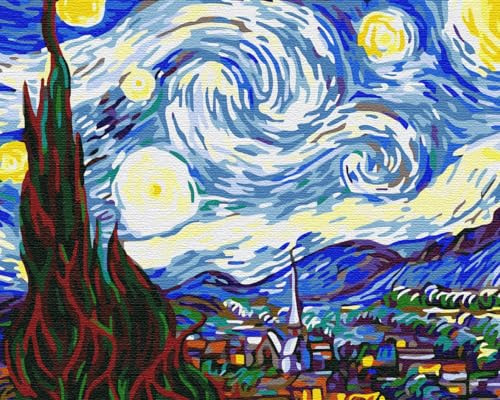 Artnapi Malen nach Zahlen Erwachsene mit Rahmen | DIY Handgemalt | Vincent van Gogh The Starry Night | Kit für Anfänger und Erwachsene | Set inklusive Acrylfarben & Pinsel | 40x50cm Leinwand