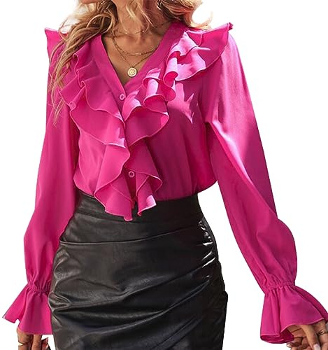 KONFEN Women's Casual V Neck Tops, Ladies Blouses Ruffle Shirts with Ruffle Cuff, Long Sleeve Shirt Jumper Sweatshirt Elegant Solid Color Loose Fit for Autumn Winter Spring, Rose L