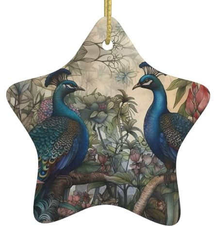 Aquarell Pfauen Paar Blumen Weihnachtsschmuck Weihnachtsschmuck Weihnachtsbaum Hängende Ornamente, sternförmige Keramik Festliches Andenken Geschenk für Weihnachtsdekorationen Urlaub Home Party