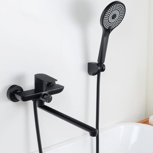 SHANFO Badewannenarmatur mit Handbrause, Wannenarmatur Langer Auslauf 30CM, Badewannen Armaturen Set, Schwarz, 8Y3OK