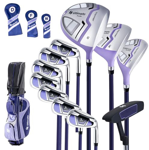 GYMAX Komplette Golfschlägersätze, Golfschläger Set für Damen, inkl. 460CC #1 Driver, #3 Fairway, #5 Hybrid, #5/#6/#7/#8/#9/#P/#S Eisen, Putter, 3 Schlägerhauben & tragbare Cart-Tasche (Violett)