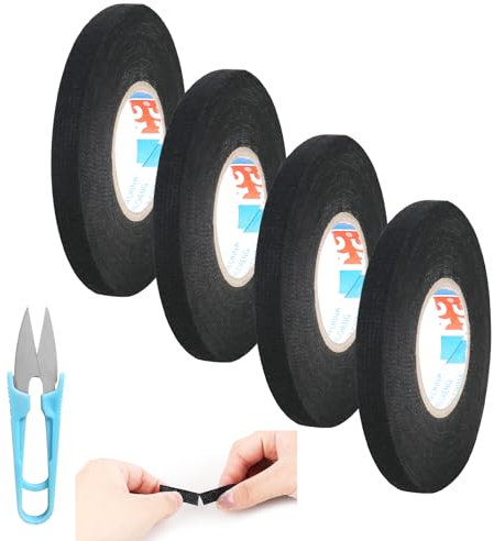 elthmpr 4-teiliges Automobil-Gewebeband, 19mm x 15m, Schwarz, Wasserdicht, Flexibel, Alterungsbeständig, Temperaturbeständig -40°C bis 150°C, Ideal für Elektroinstallationen und Reparaturen, Klebeband