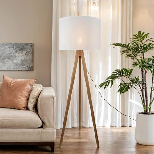 Licht-Erlebnisse Lámpara de pie de tela madera 145 cm trípode E27 escandinavo pino blanco cable interruptor trípode lámpara de pie sala de estar