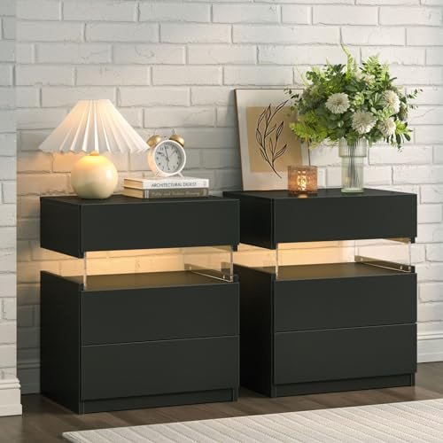 Cubehom Nachttisch 2er Set Schwarz Nachtschrank mit 3 Schubladen Beistelltisch Ablagetisch mit LED-Beleuchtung Sofatisch für Schlafzimmer,Schwarz