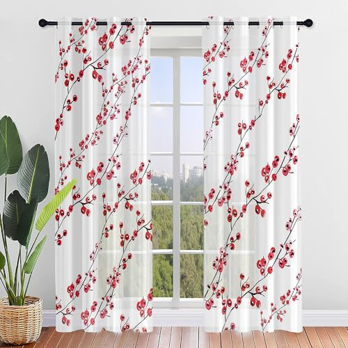 Surwin Translucidas Cortinas Salon, Dormitorio, Cocina - Cortinas y Visillos Estampadas de Ciruela Bossom, Visillos Cortos para Ventanas, 2 Piezas Cortina con Ojales (Blanco,55x95cm)