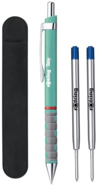 rOtring Tikky Pastell-Kugelschreiber-Set, blaue Tinte, mittlere Spitze, leicht mit gummiertem Griff, 2 Ersatzminen + Samtstiftetui, 4 Stück