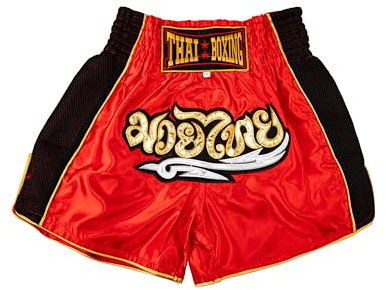 MUAY NATION Pantalones Cortos de Muay Thai para Hombres y Mujeres, Corte Ajustado, Shorts de Boxeo MMA para Entrenamiento, Ropa de Kickboxing (FR/ES, Letras, XL, Regular, Regular, Rojo Clásico)