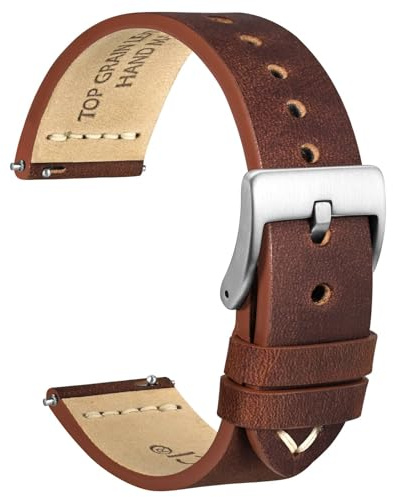 WOCCI 21mm Antikes Uhrenarmband für Herren, Sattelleder, Silberne Schnalle (Pekannussbraun)