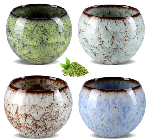 Japanische Teetasse, 4er-Set 110 ml Keramische Teetasse Ohne Henkel,Mehrfarbige Handgefertigte Ofenglasur Asiatische Tassen, Für Grüntee, Sake & Espresso
