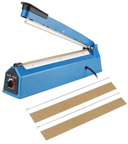 Impulse Heat Sealer Portable Sealing Machine, 300mm Plastic Bag Sealer, Manual Seal Food Packing Machine, with 2 Spare Heating Wires and High Temperature Cloth, for PP PE Plastic Bag