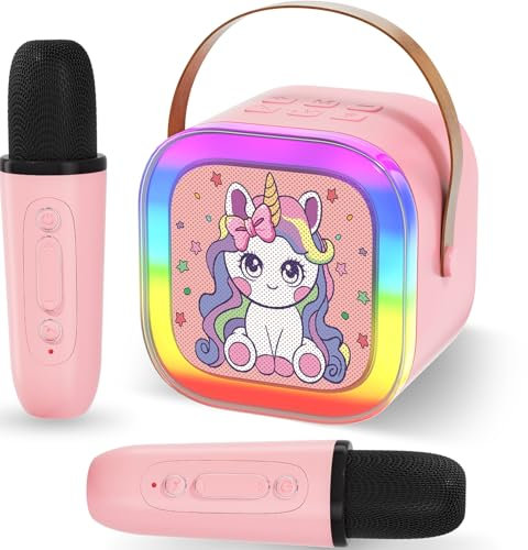 Kids Karaoke Machine with 2 Microphones, Unicorn Gifts for Girls and Boys Age 5 6 7 8 9 10 Year Old, Kids Microphone Toys Birthday Presents with LED Party Lights and Magic Sound (Pink, Unicorn)
