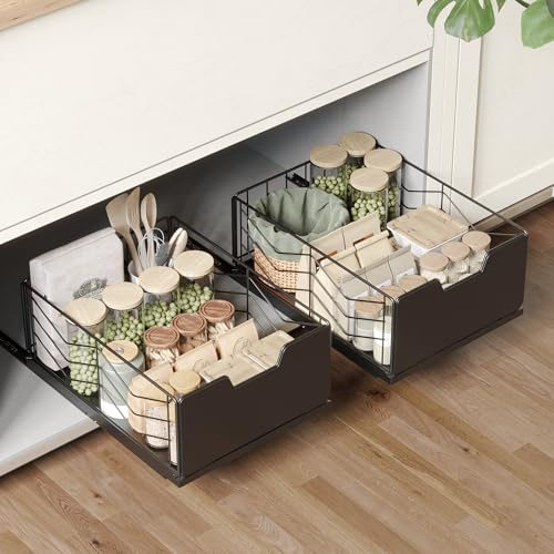 NETEL 2 Stück ausziehbare schublade küche,teleskopschublade mit kleber | küchenschrank organizer ausziehbar schubladen，Kleben oder Schrauben,30cm Breite,40cm Tiefe,17.5cm hoch，Schwarz