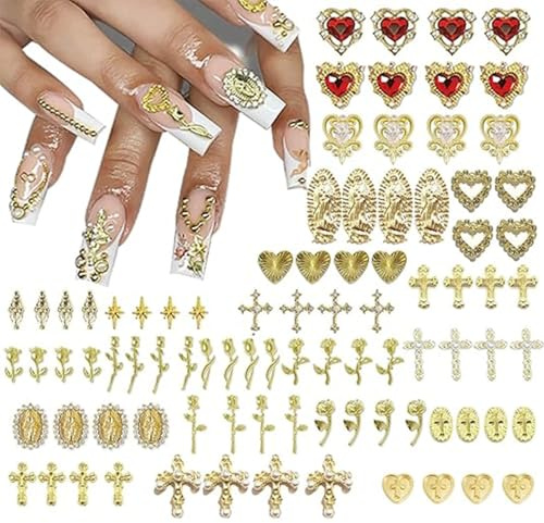 Bzzerumy® 88 Stück 3D-Gold-Nagel-Charms, hochwertige Nail-Art-Verzierungen,Nail charms, exclusiv mit Strasssteinen für ein luxuriöses Maniküre-Erfahrung