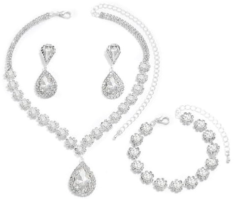 FDEETY Parure Gioielli Donna Elegante Semplice Set di Gioielli Sposa Ciondolo Gioielli da Sposa con Strass Grandi Collana Braccialetti Orecchini Set Regalo Gioielli(Argento)