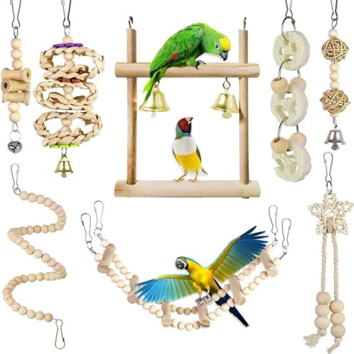 Natural Wood Parrot Swing and Chewing Accessories, 8Pcs Bird Set - Hanging Perch Hammock Climbing Ladder for Parakeet, Cockatiel, Lovebirds, Conures, Finches (Natural B)