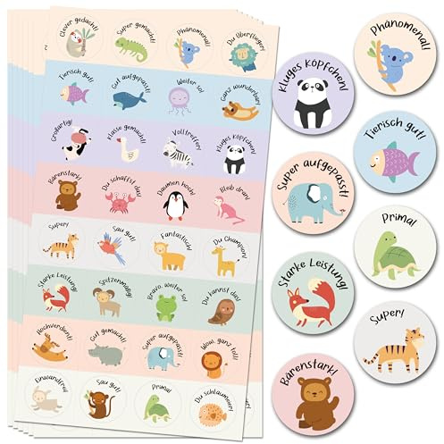 BIROYAL 1600 Tier Belohnungsaufkleber, Motivationssticker, 50 Blatt, 25mm | 32 Muster, Selbstklebende Sticker Lehrer, Deutsch Belohnungssticker, Reward Stickers, Sticker Tiere für Lehrerbedarf