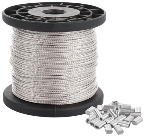 LOLYSIC Wire Rope 2mm x 70M, Stainless Steel Wire Cable with 70Pcs Aluminum Crimping Loop, 7x7 Strand Core Metal Garden Cable for Picture Hanging Climbing Plants Clothes Line