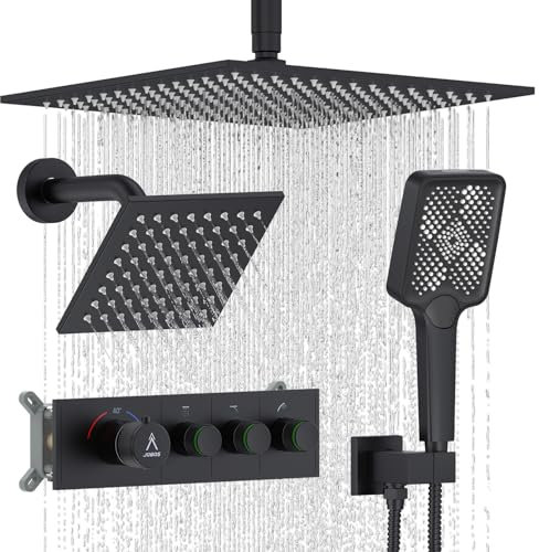 JQBQS Shower System Brass Thermostatic Shower Faucet Set With Valve and Diverter Shower Mixer With Rain Head and Handheld High Pressure Square Rainfall
