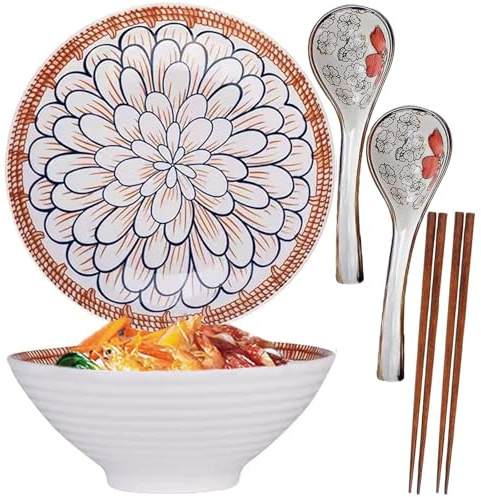 ZPPLD 2set 8 Pulgadas Bol Grande para Ramen de Cerámica 1100 ml, Cuenco Japonés Cerámica Ramen,Cuchara y Palillos para Ramens, Fideos y Sopas,Apto para lavavajillas y microondas