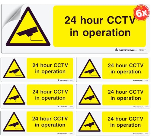 SAFETYKING® 6 PCS 4pc CCTV In Operation Sign Sticker 150mmx15mm CCTV Sign Outdoor CCTV Stickers for Windows - CCTV Sticker Self Adhesive Vinyl CCTV Signs 24hr CCTV Warning Signs for Home CCTV Signage