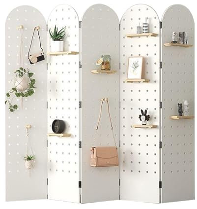 Biombo Divisor De Tablero Perforado Plegable, Pared Divisoria De Ambientes Con Estantes De Almacenamiento, Tablero Perforado Divisor De Ambientes De 2 A 5 Paneles Para Dormitorio, Bazar, Joyería(White
