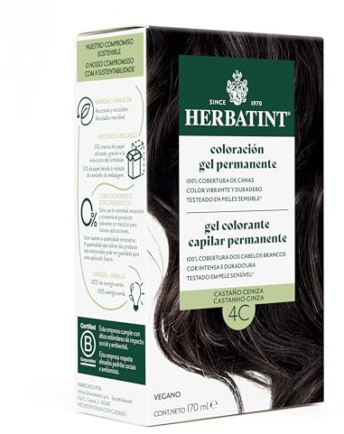 Herbatint Coloración Gel Permanente para Cabello 4C Castaño Ceniza - 170 ml | Sin Amoniaco, Cobertura Óptima de Canas | para Pieles Sensibles, con 8 Extractos Naturales Bio