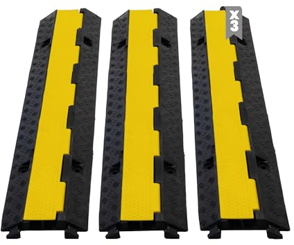 Pack 3 - Protector de Cables de Caucho 1 Canal para Suelo - Pasacables y Protector Suelo, Ideal para Eventos, Obras y Garajes - Canaleta para Cables - 100x26x6cm Amarillo y Negro