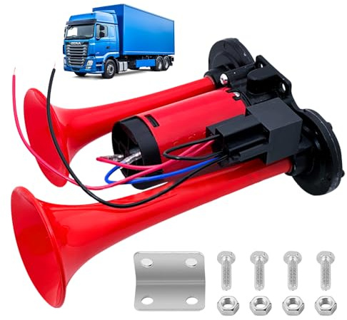 PLLYPE LWK Hupe 12V, 600DB Super Laut Air Horn, Doppelrohr Lufthorn Train Horn mit Kompressor, Lufthorn Drucklufthorn Laute Hupe Kit, für alle 12 V Fahrzeug, PKW, LKW, Zug, Boot, Auto, Van, Rot