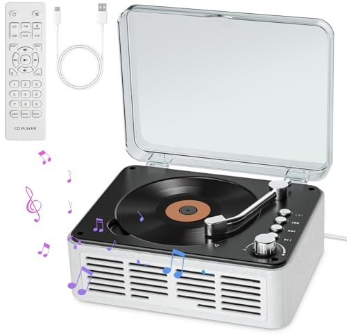 Gueray Reproductor de CD con Altavoces Sonido Estéreo HiFi, Reproductores CD Vintage Bluetooth para el Hogar, Reproductor de CD Retro con Radio FM y Control Remoto Compatible USB/AUX/Type-C (Blanco)