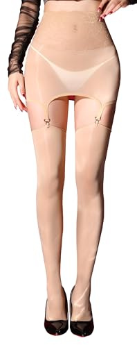 Maeau kvinnor glansiga strumpbyxor oljiga glänsande tights minikjol spets strumpeband och strumpor set tunna underkläder, NAKEN, one size
