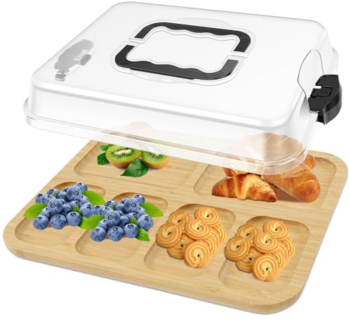 PATNFR Wood Charcuterie Board with 6 Compartments and Clear Lid Categorized Storage Cheese Board with Handle Travel Portable Charcuterie Platter Kitchen Serving Platter for Party Picnic