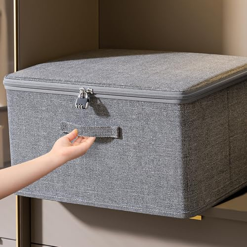 Obelunrp Storage Box with Combination Lock, 40x30x21cm Foldable Fabric Storage Bins with Lid & Lock, Organizer Box for Clothes, Jeans, T-shirts, Quilts, Sweater