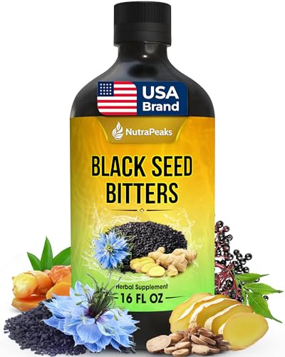 Black Seed Oil Bitters Liquid - Premium Herbal Blend with Black Seed Extract, Curcumin (Turmeric Extract), Ashwagandha, Elderberry, Probiotics, Vitamin C, Zinc...16 fl oz | Natural Botanical Blend